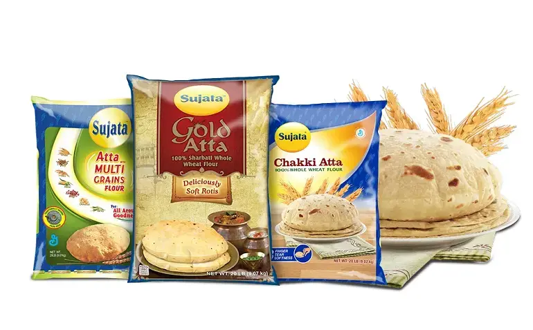 three Sujata flour product packages
