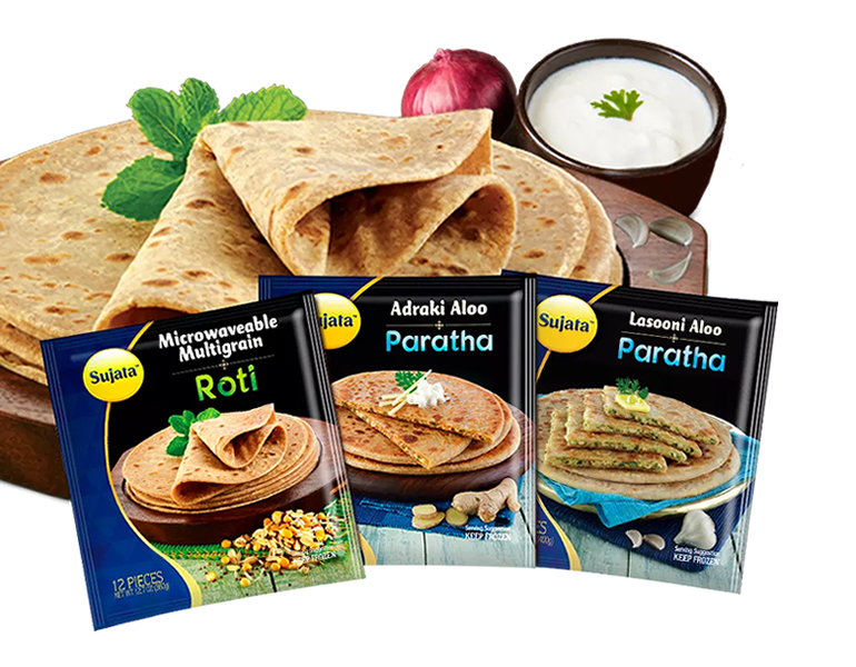 three Sujata frozen breads packages